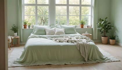 Fototapeta premium A photo of a bed with pastel yellow linens topped