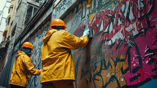 Two individuals in yellow raincoats paint over graffiti on a colorful urban wall.