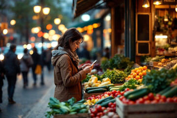 Young woman browsing her phone while shopping for fresh vegetables and fruits at an illuminated outdoor street market in the evening.