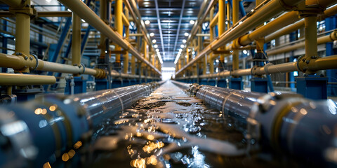 Close-up view of industrial water pipes in modern treatment plant