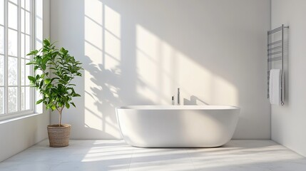 Fototapeta premium Luxury bathroom with freestanding bathtub with light from window on empty wall
