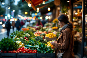 Naklejka premium Woman browsing fresh fruits and vegetables at an outdoor market during the evening, with vibrant city lights and a busy urban atmosphere.