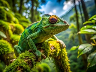 Fototapeta premium Aerial Drone Shot: Green Chameleon Perched on Lush Tree Branch in Vibrant Rainforest