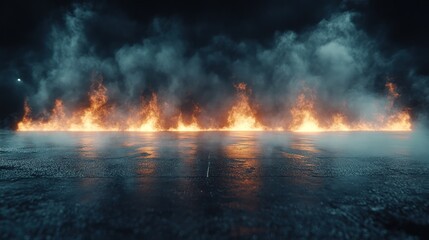Obraz premium Fiery asphalt road, smoke, night, cinematic, background