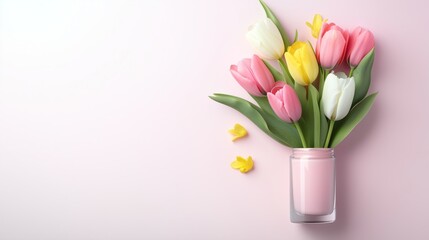 Fototapeta premium Vibrant bouquet of pink, yellow, and white tulips arranged in a clear vase on a pastel background