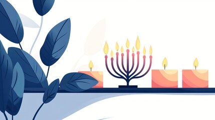 Menorah with candles and leaves on shelf.