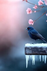 Lone bird standing on edge of frozen marsh amidst chilly blossoms and icy ornaments