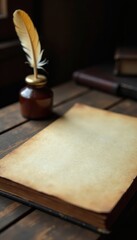 Aged wood desk, quill pen, inkwell, vintage feel, antique, gothic