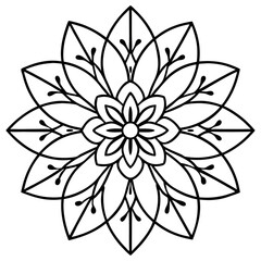 Black and white mandala coloring page with intricate floral patterns