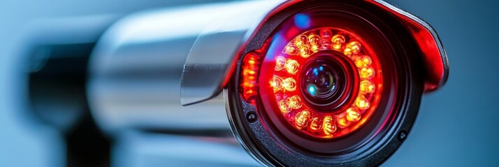 Close-up of Security Camera Lens with glowing Red LEDs, Emphasizing Surveillance and Protection.