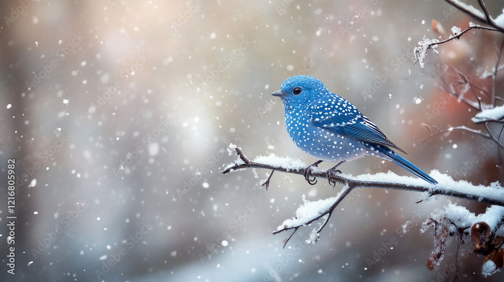 Poster bluebird perched on a snowy branch in a serene winter scene with falling snow