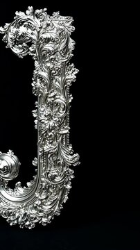 Ornate silver letter J showcasing intricate floral design and craftsmanship against a black background