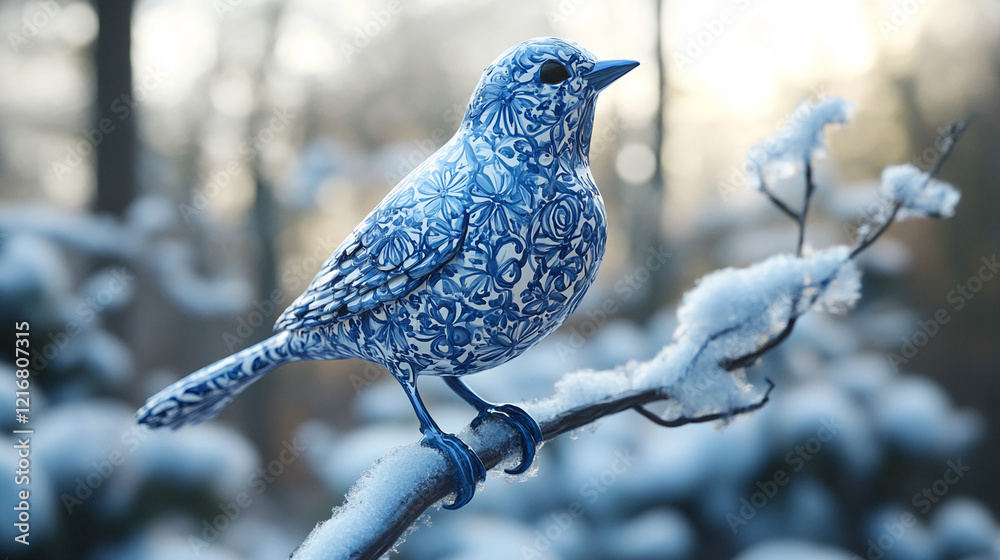 Poster intricate blue patterned bird perched on a snowy branch in a serene winter forest