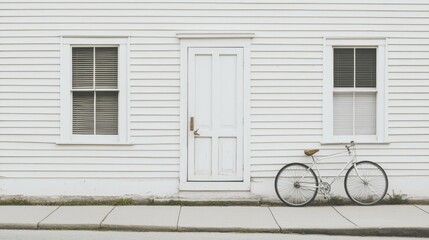 A minimalist white house with a bicycle parked beside a door and windows, evoking tranquility