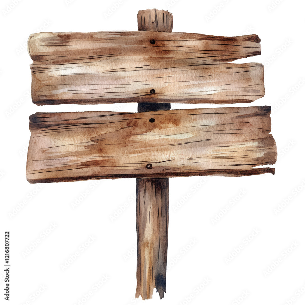 Aufkleber a watercolor illustration of a rustic wooden signpost featuring two blank, weathered boards suitable