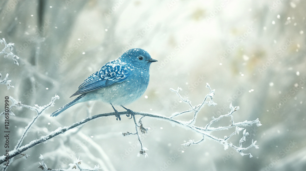 Aufkleber bluebird perched on a frosty branch in a soft winter scene with falling snow