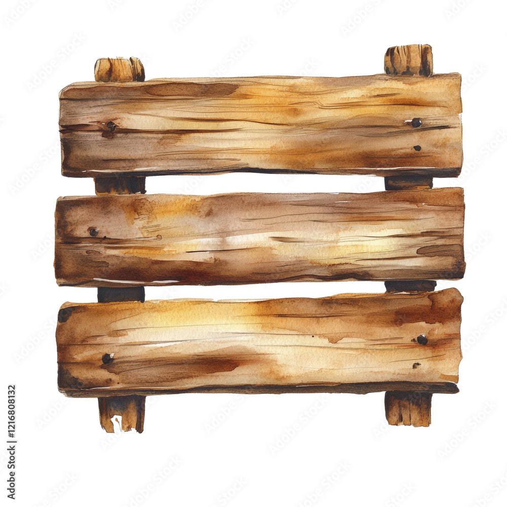 Poster a watercolor painting depicts a rustic wooden sign composed of three horizontal planks showing textu