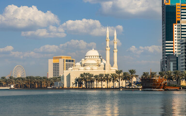 Side view of Al Noor Mosque in Sharjah city