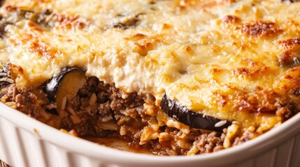 Close-up of rice and Greek moussaka with eggplant and ground beef in a traditional Greek casserole dish, emphasizing savory and layered qualities. Ideal for Greek cuisine and hearty meals.