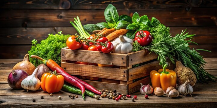 A collection of isolated ripe vegetables herbs and spices in a wooden crate on a rustic table , crate, farm,  crate, farm