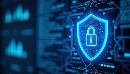 Cybersecurity Shield: Glowing Digital Lock and Circuitry