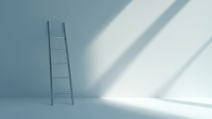 Metal ladder leaning against a wall, sunlight streams through window