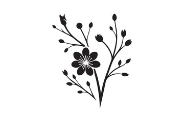 Cherry Blossom  brunch silhouette vector illustration in black and white, set against a white background