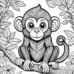 Obraz premium Adorable baby monkey sitting on a branch, surrounded by lush foliage