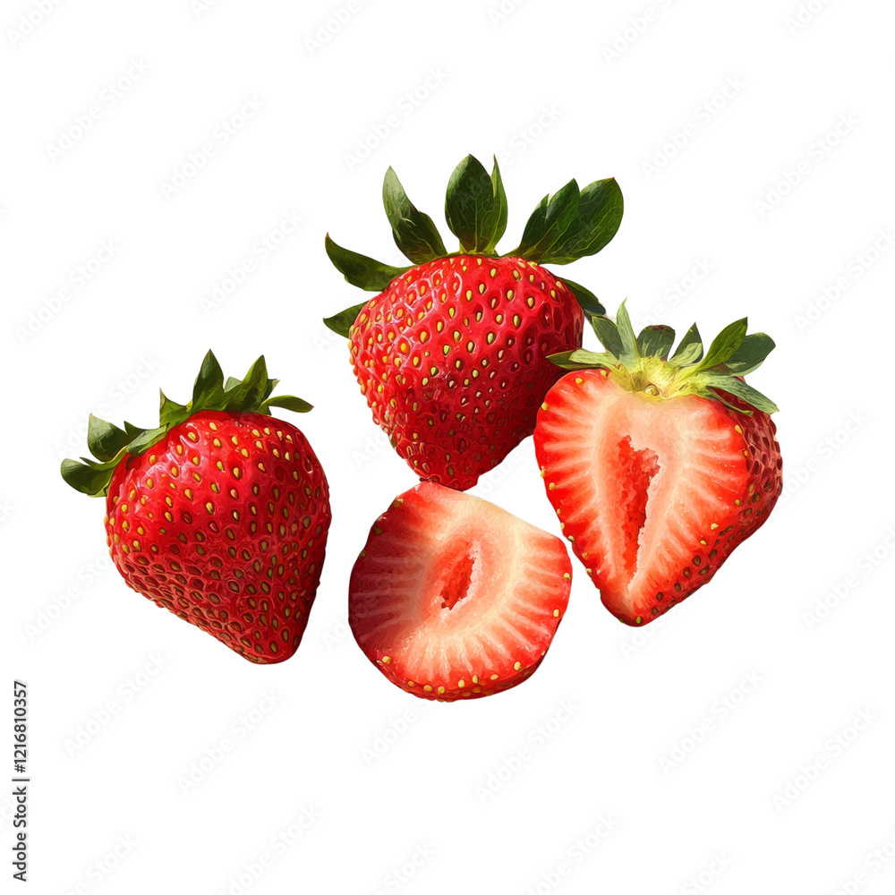 Poster a close-up image shows three whole strawberries and two halves against a black background.