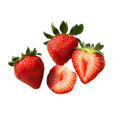 A close-up image shows three whole strawberries and two halves against a black background.