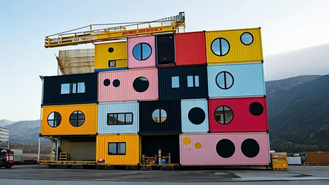 A colorful building made from shipping containers, showcasing modern architectural design.