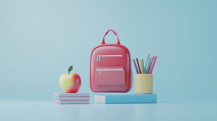 Red backpack, books, apple, pencils; back-to-school concept