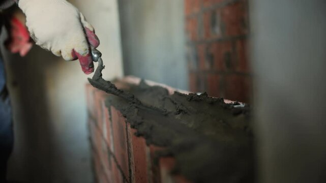 Applying mortar to bricks for wall construction