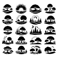 vector silhouette of different pieces of land with trees on a white background. Symbol of nature and planet