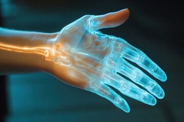 Close-up of a leader's hand shaking a holographic hand, representing the merging of human leadership with AI technology in business innovation . connection,young adult