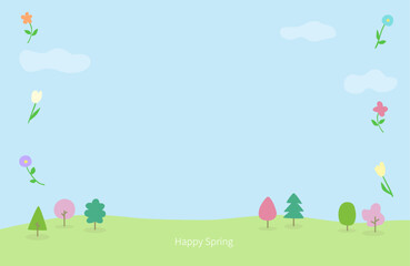 木々と春の花たちのハッピースプリングメッセージカードイラスト