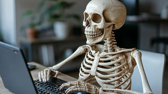 A skeleton typing on a laptop, humorously depicting a work or study scenario.