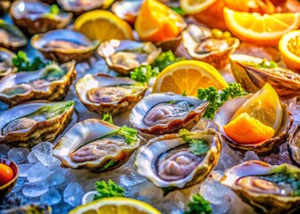 Fototapeta premium Aerial View Freshly Shucked Oysters on Ice, Coastal Seafood Market