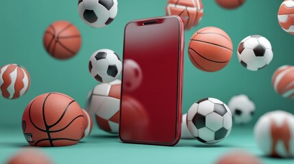 Mobile betting banner with soccer and basketball elements in 3D design