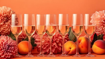 Elegant display of champagne flutes with flowers and peaches against a warm backdrop.