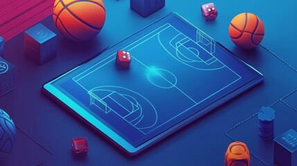 Mobile betting banner with soccer and basketball elements in 3D design