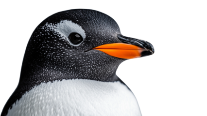 Gentoo Penguin Portrait:  Close-up of a Gentoo penguin's head and neck, showcasing its distinctive orange beak and inquisitive gaze.  The sharp detail reveals the texture of its feathers. 