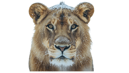 Lioness Gaze: A powerful and regal lioness stares intensely into the camera, her golden fur dusted with snow. Her piercing gaze speaks of strength, determination, and unwavering focus.  