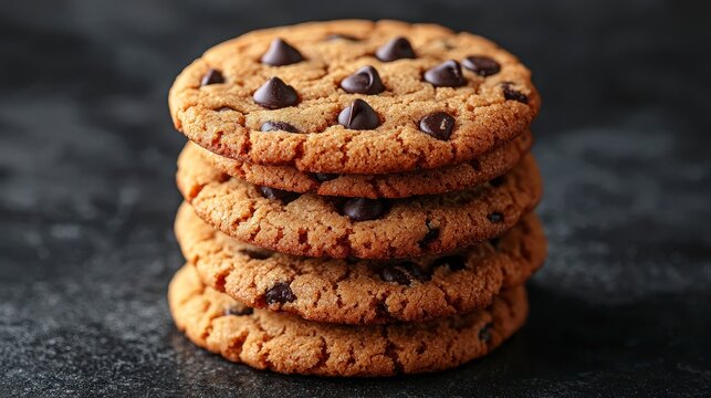 Stacked chocolate chip cookies on dark background