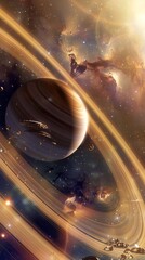 Majestic saturn-like planet with rings and distant galaxies in space artwork