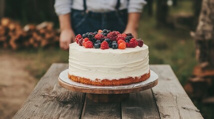 Delicious homemade berry cake on rustic wooden table outdoors.