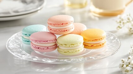 Freshly baked pastel macarons arranged neatly on a decorative plate in a cozy cafe setting