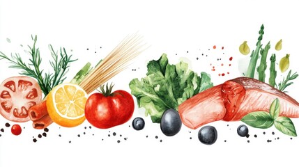 Vibrant Watercolor Painting of Fresh Food Ingredients
