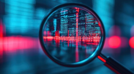 Manifest and vision concept, A magnifying glass highlights vibrant data streams in blue and red tones, symbolizing data analysis and digital technology.
