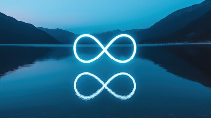 Manifest and vision concept, A glowing infinity symbol reflects on a tranquil lake, surrounded by mountains, under a soft blue twilight sky.
